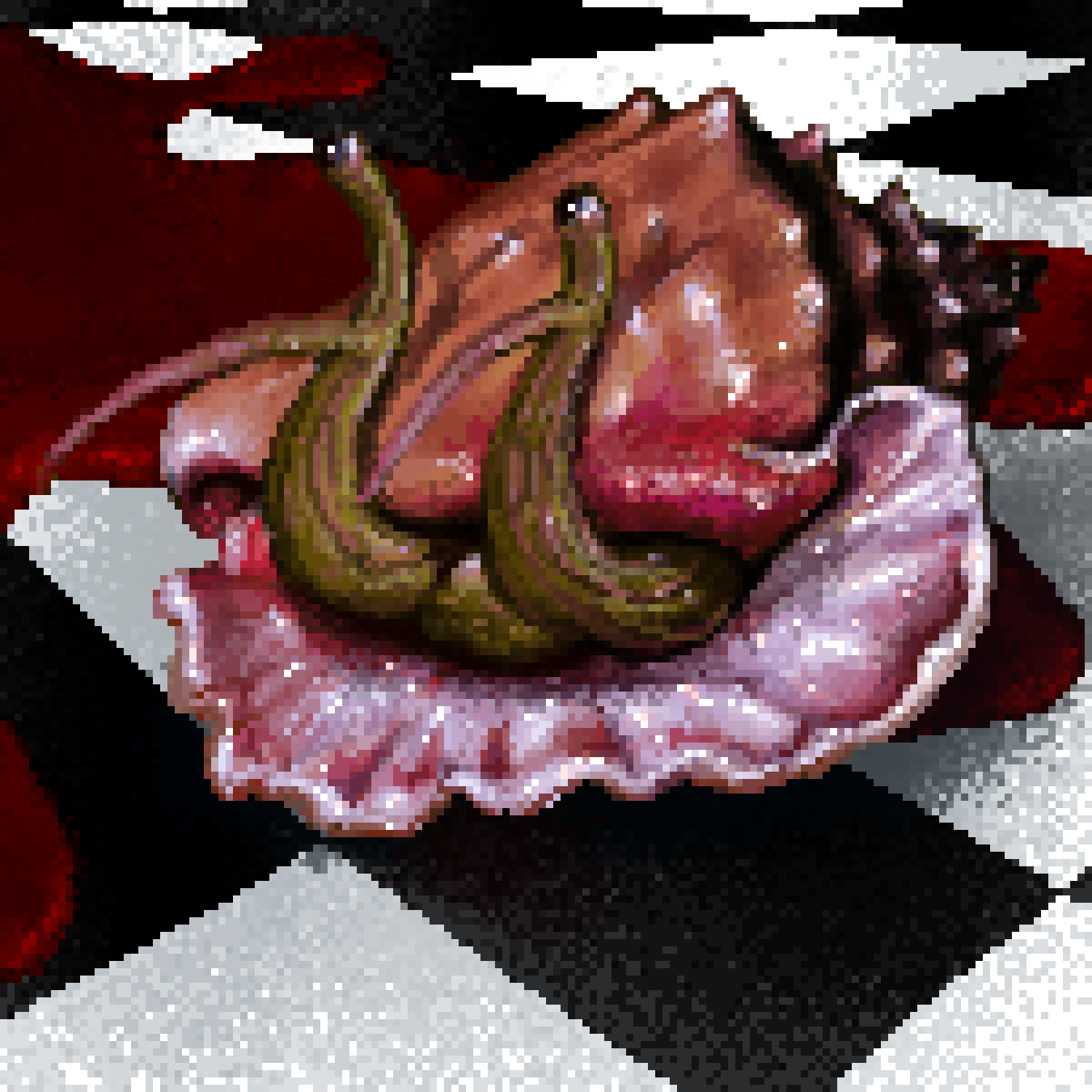 Pixel art drawing of a conch shell sitting on a black and white tile floor with a pool of blood coming into frame next to it while the conch pokes its eye stalks out of the shell.