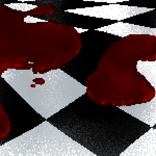 A drawing of a black and white tiled floor with blood poooling on it