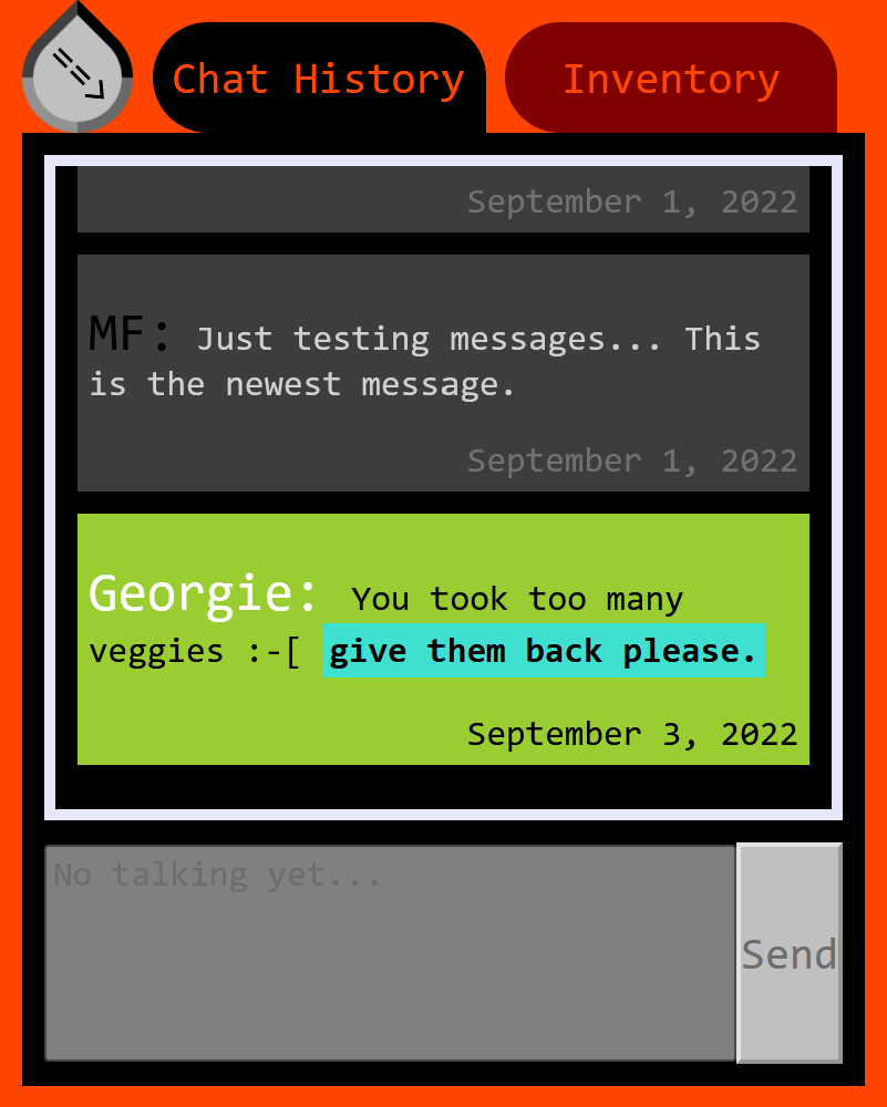 Screenshot of the chatbox I am creating for my site. The app has a scrolling box of messages, a disabled textbox for sending messages, and another tab labeled 'Inventory'.