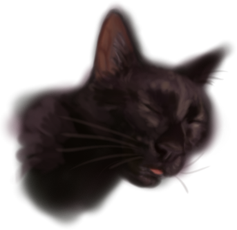 Digital airbrushed drawing of a black cat's head in soft focus. He looks sleepy and decrepit and his mouth is slightly open while his eyes are mostly shut