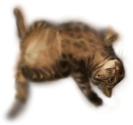 Digital airbrush drawing of a tabby cat in soft focus lying on her back playfully smiling and looking ready to bat at something