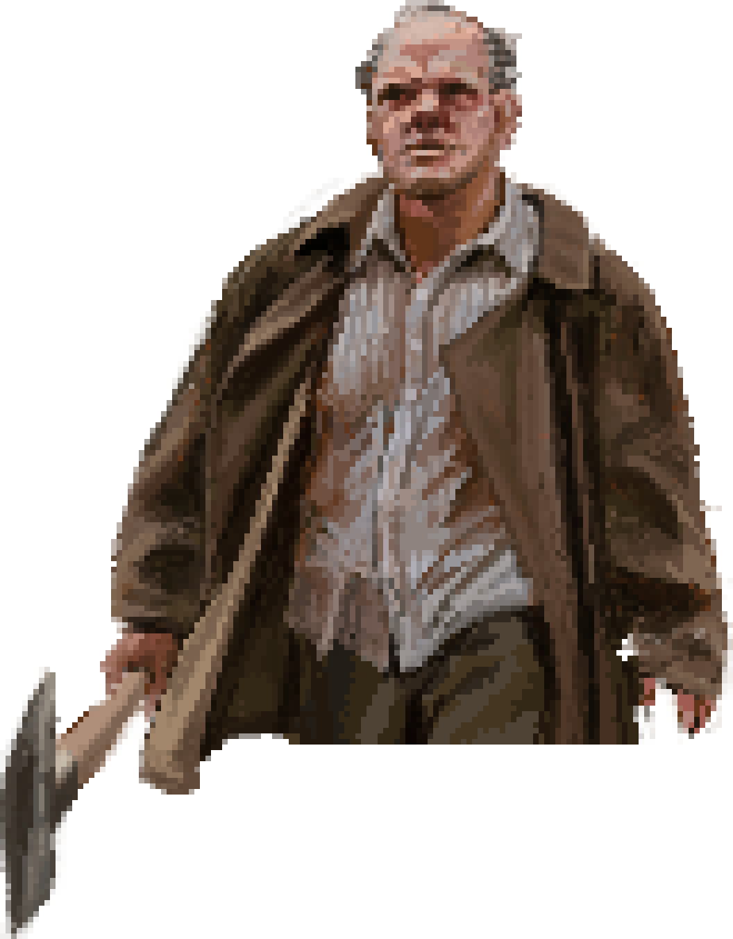 Pixel art drawing of a light-skinned man who is balding with gray hair, wearing a brown long coat, a blood-stained collared shirt, and gray-green slacks. He has red ringing his eyes, and he is holding an axe