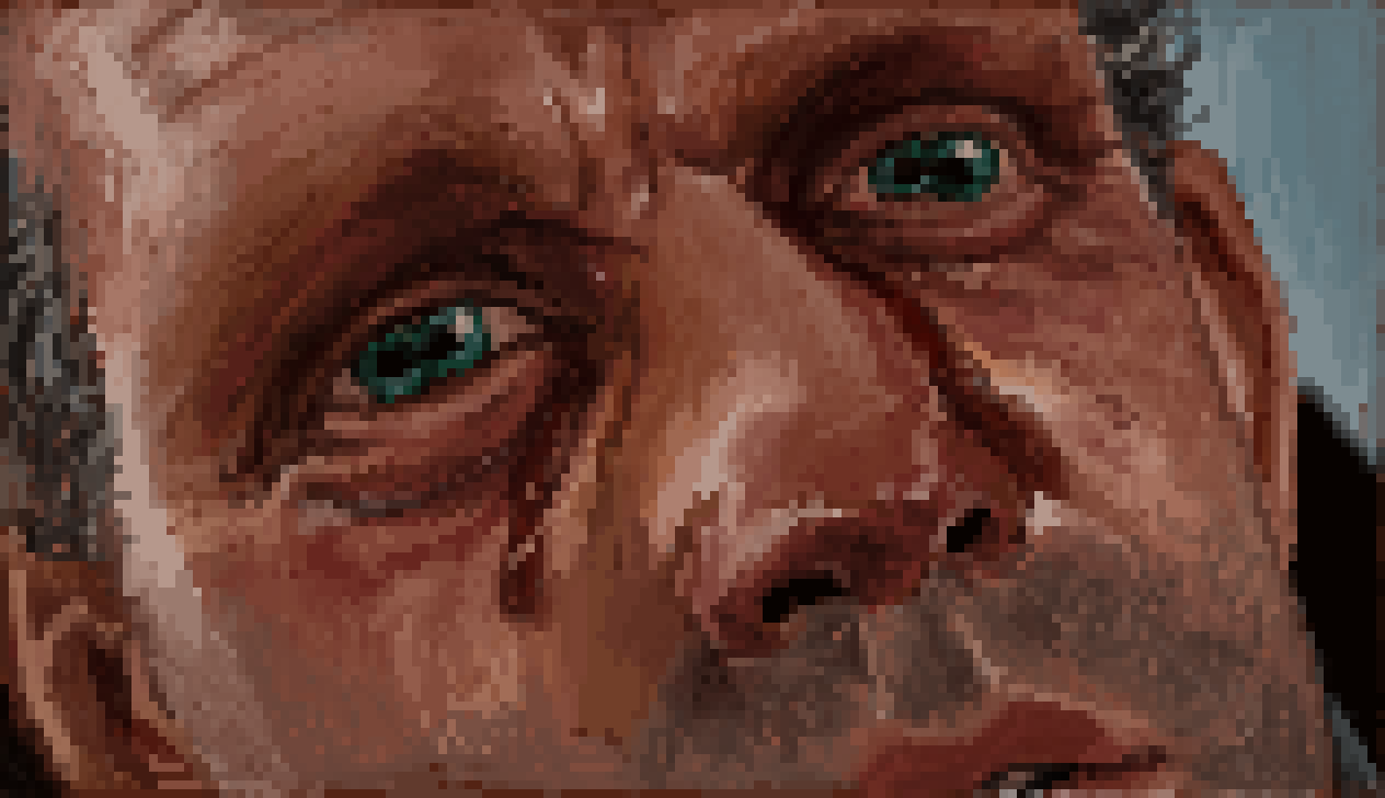 Pixel art drawing of a frame from the movie. It shows the same balding man from the previous drawing, but in closeup, his eyes looking intently at someone behind the camera and to the right. He has red-rimmed sickly eyes, blood dripping from the inner corners, and pupils/irises that are splitting apart like cells dividing