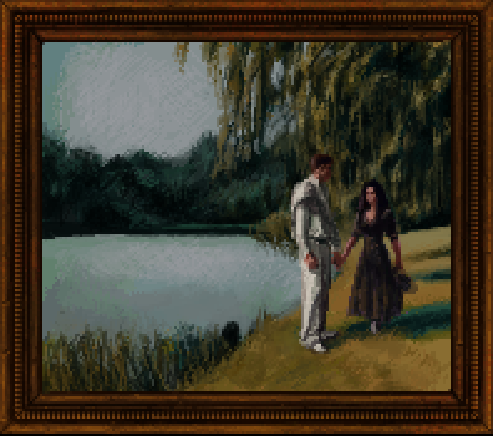 Pixel art painting in a frame showing a heterosexual couple on a sunny New England lake walking by the shore