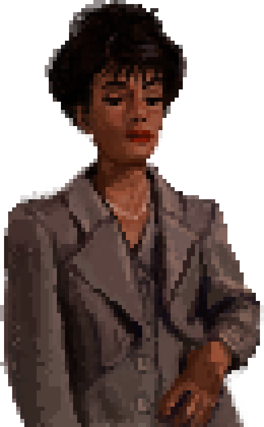 Pixel art drawing of the character Linda Styles. She is a slim woman with a 90s updo and gray business suit (including a skirt), and she has red lipstick on. She looks bored